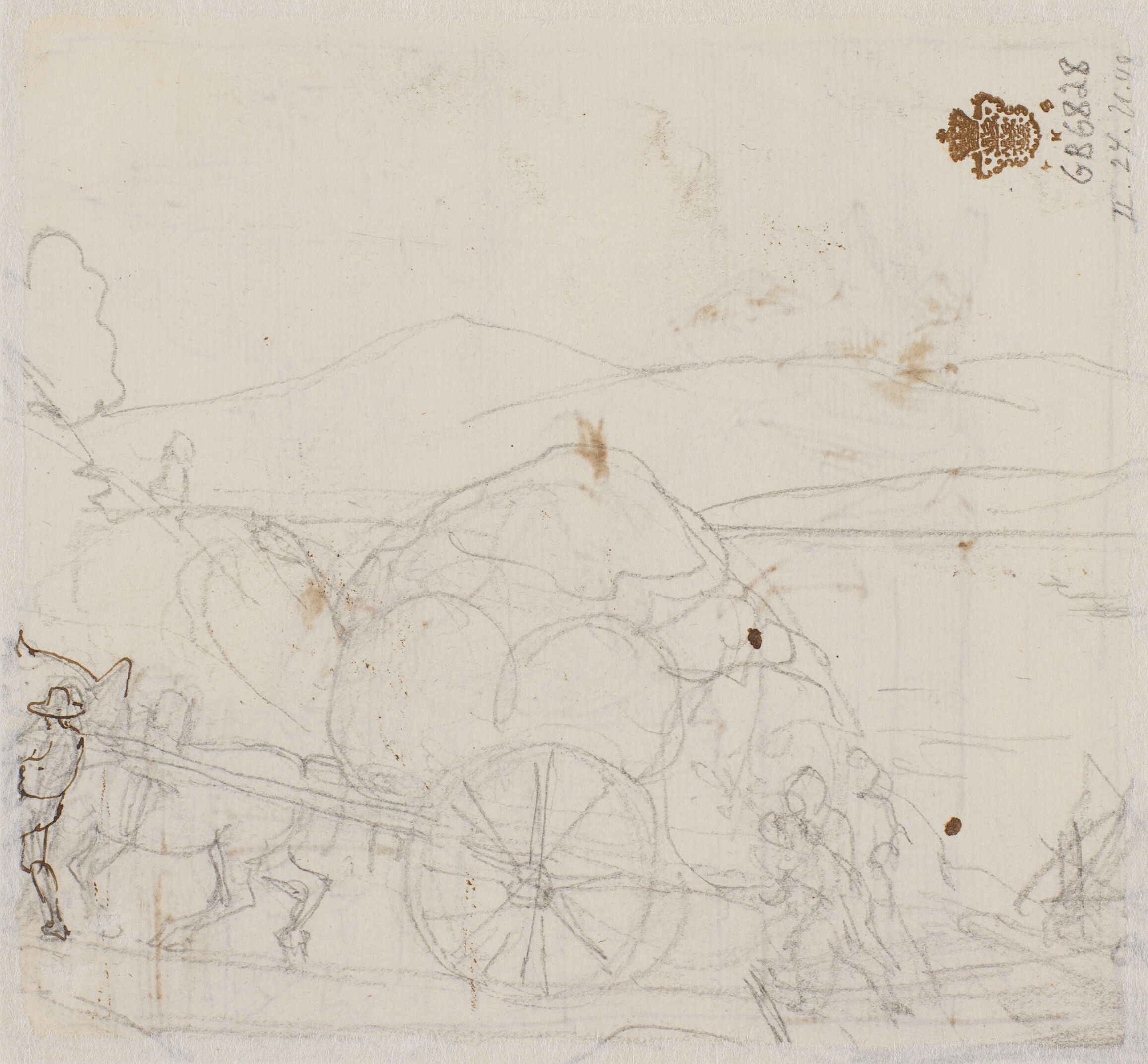 Blyantsrids af bjerglandskab med kærre